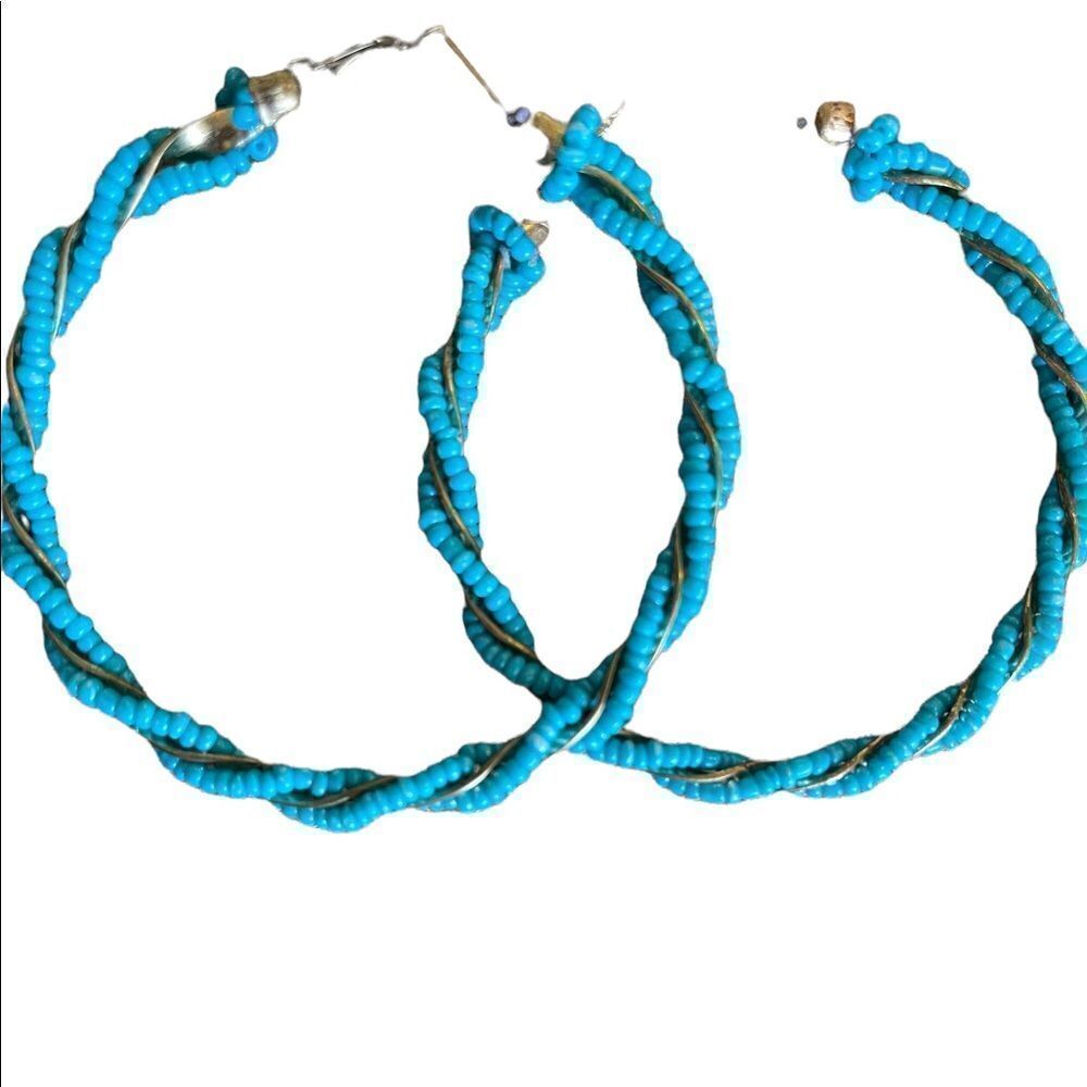 Huge turquoise bead hoop earrings for pierced ears